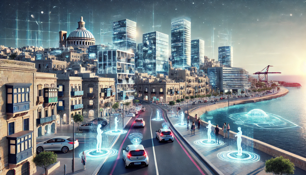 A realistic depiction of Malta in 2025, featuring modern skyscrapers blended with traditional Maltese architecture and a digitally advanced cityscape.